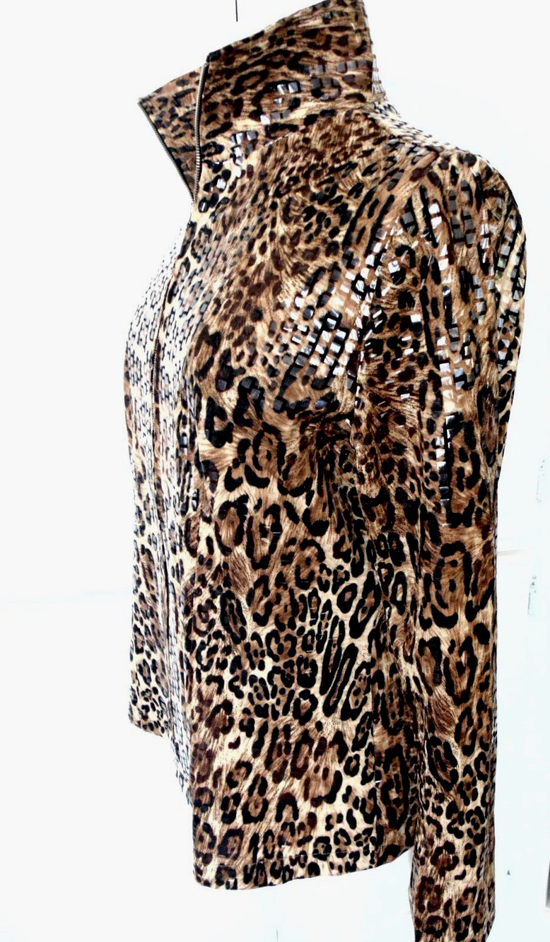 New Exclusively MISOOK Brown Leopard Print Shimmer Zip Front Cocktail Jacket S